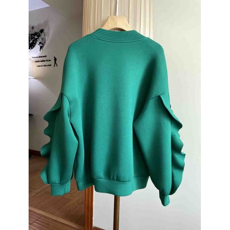 L845 Custom Made to order Jersey Women Loose Casual Ruffle Long Sleeved Coat Regular Size XS S M L XL & Plus size 1x-10x (SZ16-52)