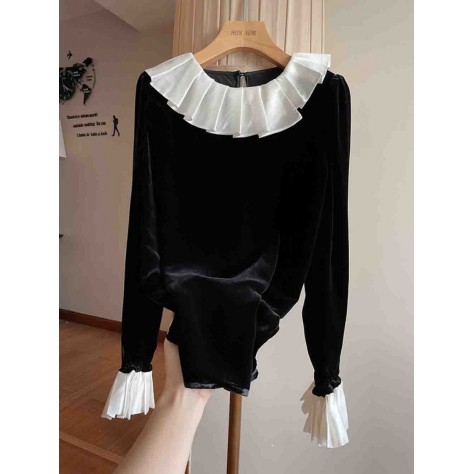 L853 Custom Made To Order Velvet Vintage Ruffle Flared Sleeve Blouse Regular Size XS S M L XL & Plus size 1x-10x (SZ16-52)