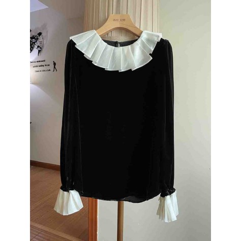 L853 Custom Made To Order Velvet Vintage Ruffle Flared Sleeve Blouse Regular Size XS S M L XL & Plus size 1x-10x (SZ16-52)