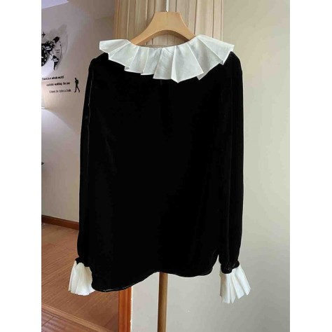 L853 Custom Made To Order Velvet Vintage Ruffle Flared Sleeve Blouse Regular Size XS S M L XL & Plus size 1x-10x (SZ16-52)