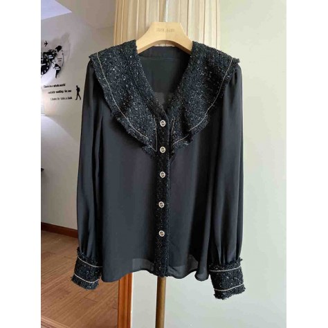 L854 Custom Made To Order Polyester Women's V-Neck Ruffle Loose Casual Shirt Regular Size XS S M L XL & Plus size 1x-10x (SZ16-52)