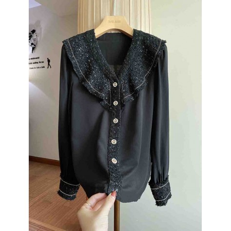 L854 Custom Made To Order Polyester Women's V-Neck Ruffle Loose Casual Shirt Regular Size XS S M L XL & Plus size 1x-10x (SZ16-52)