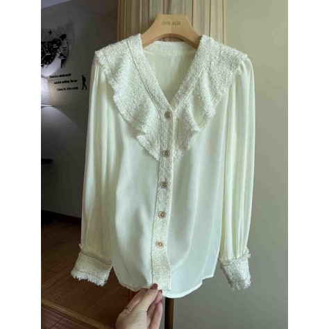 L854 Custom Made To Order Polyester Women's V-Neck Ruffle Loose Casual Shirt Regular Size XS S M L XL & Plus size 1x-10x (SZ16-52)