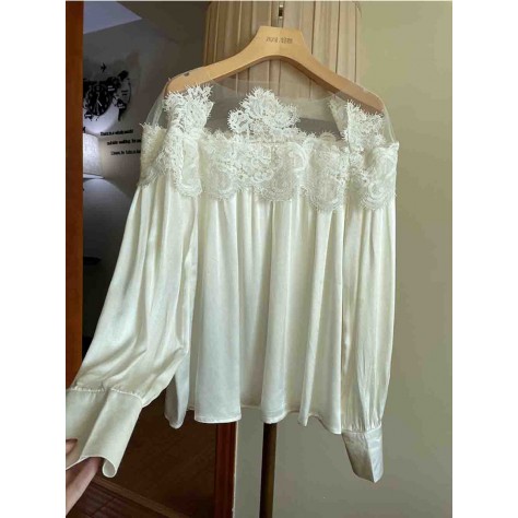 L855 Custom Made To Order Polyester Long Sleeve Lace Stitched Satin Blouse New Regular Size XS S M L XL & Plus size 1x-10x (SZ16-52)