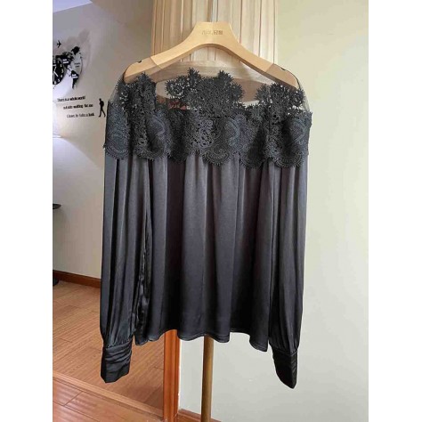 L855 Custom Made To Order Polyester Long Sleeve Lace Stitched Satin Blouse New Regular Size XS S M L XL & Plus size 1x-10x (SZ16-52)