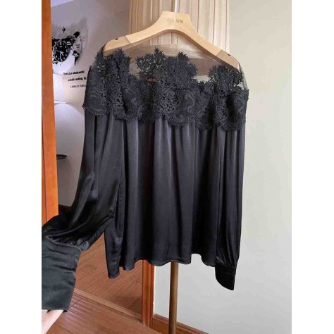 L855 Custom Made To Order Polyester Long Sleeve Lace Stitched Satin Blouse New Regular Size XS S M L XL & Plus size 1x-10x (SZ16-52)