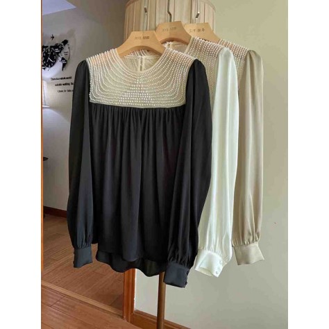 L856 Custom Made To Order Chiffon Beaded Trim Pleated Casual Blouse Regular Size XS S M L XL & Plus size 1x-10x (SZ16-52)