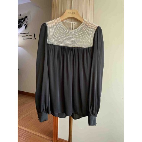 L856 Custom Made To Order Chiffon Beaded Trim Pleated Casual Blouse Regular Size XS S M L XL & Plus size 1x-10x (SZ16-52)