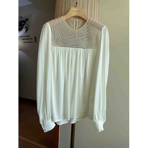 L856 Custom Made To Order Chiffon Beaded Trim Pleated Casual Blouse Regular Size XS S M L XL & Plus size 1x-10x (SZ16-52)