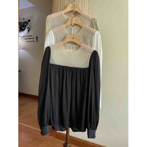 L856 Custom Made To Order Chiffon Beaded Trim Pleated Casual Blouse Regular Size XS S M L XL & Plus size 1x-10x (SZ16-52)