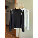 L859 Custom Made To Order Jersey High Neck Beaded Trim Ruffle T-Shirt Regular Size XS S M L XL & Plus size 1x-10x (SZ16-52)