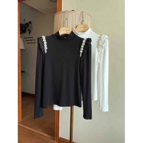 L859 Custom Made To Order Jersey High Neck Beaded Trim Ruffle T-Shirt Regular Size XS S M L XL & Plus size 1x-10x (SZ16-52)