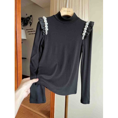 L859 Custom Made To Order Jersey High Neck Beaded Trim Ruffle T-Shirt Regular Size XS S M L XL & Plus size 1x-10x (SZ16-52)