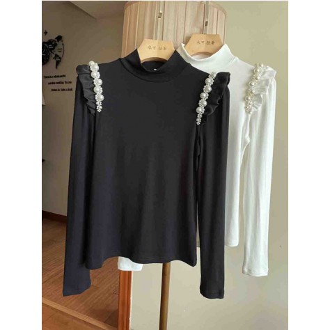 L859 Custom Made To Order Jersey High Neck Beaded Trim Ruffle T-Shirt Regular Size XS S M L XL & Plus size 1x-10x (SZ16-52)