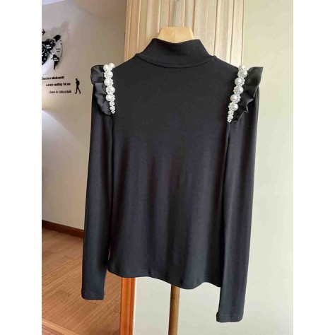 L859 Custom Made To Order Jersey High Neck Beaded Trim Ruffle T-Shirt Regular Size XS S M L XL & Plus size 1x-10x (SZ16-52)