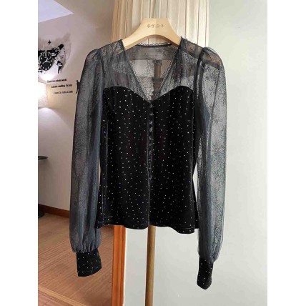 L861 Custom Made To Order Velvet/Lace Stitched Women's V-Neck Blouse Regular Size XS S M L XL & Plus size 1x-10x (SZ16-52)