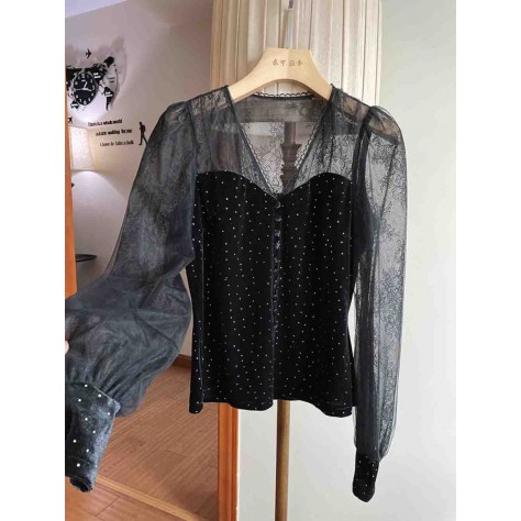 L861 Custom Made To Order Velvet/Lace Stitched Women's V-Neck Blouse Regular Size XS S M L XL & Plus size 1x-10x (SZ16-52)