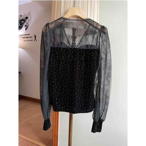 L861 Custom Made To Order Velvet/Lace Stitched Women's V-Neck Blouse Regular Size XS S M L XL & Plus size 1x-10x (SZ16-52)