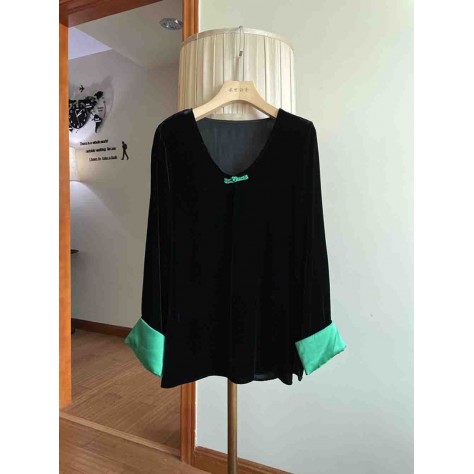 L863 Custom Made To Order Velvet Long Sleeve V-Neck Loose Blouse New Regular Size XS S M L XL & Plus size 1x-10x (SZ16-52)