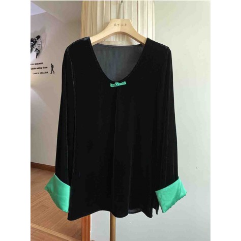 L863 Custom Made To Order Velvet Long Sleeve V-Neck Loose Blouse New Regular Size XS S M L XL & Plus size 1x-10x (SZ16-52)