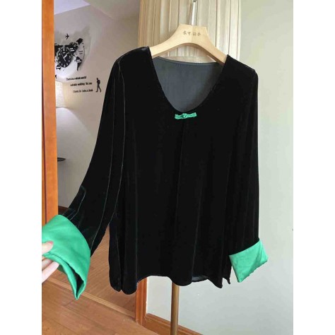 L863 Custom Made To Order Velvet Long Sleeve V-Neck Loose Blouse New Regular Size XS S M L XL & Plus size 1x-10x (SZ16-52)