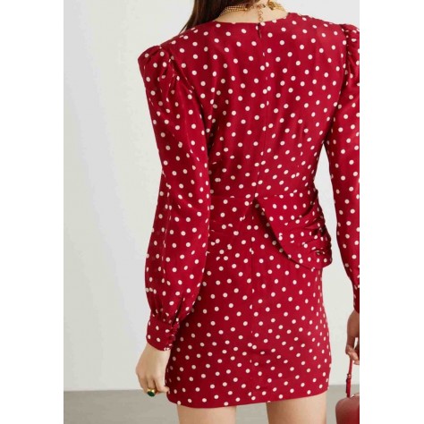 L880 Custom Made to order Polyester Long Sleeve Polka Dot Mini Party Wrap Dress Regular Size XS S M L XL & Plus size 1x-10x (SZ16-52)