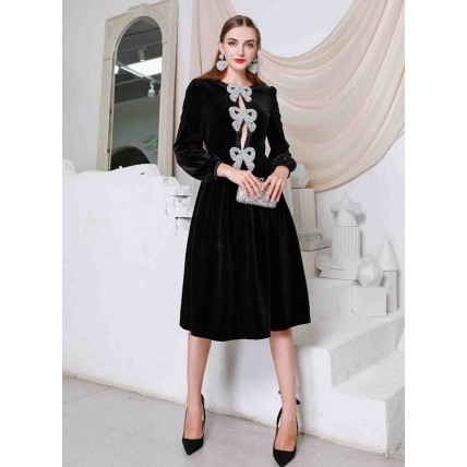 L892 Custom Made to order Velvet Crew Neck Long Sleeve Velvet A-Line Dress Regular Size XS S M L XL & Plus size 1x-10x (SZ16-52)