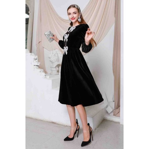 L892 Custom Made to order Velvet Crew Neck Long Sleeve Velvet A-Line Dress Regular Size XS S M L XL & Plus size 1x-10x (SZ16-52)