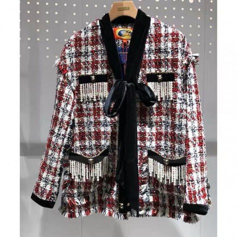 L914 Custom Made to order Tweed V-Neck Plaid Loose Casual Jacket Coat Regular Size XS S M L XL & Plus size 1x-10x (SZ16-52)