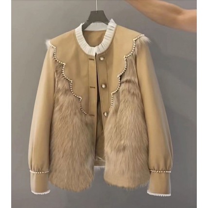 L916 Custom Made to order Faux Fur Women Casual Beaded Trim Overcoat Regular Size XS S M L XL & Plus size 1x-10x (SZ16-52)