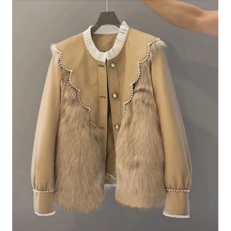 L916 Custom Made to order Faux Fur Women Casual Beaded Trim Overcoat Regular Size XS S M L XL & Plus size 1x-10x (SZ16-52)