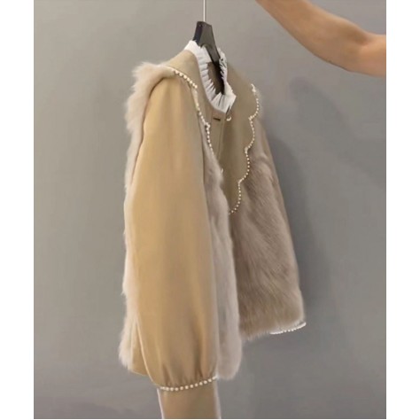 L916 Custom Made to order Faux Fur Women Casual Beaded Trim Overcoat Regular Size XS S M L XL & Plus size 1x-10x (SZ16-52)