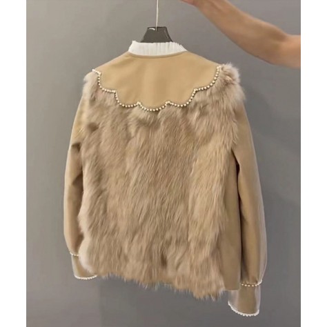 L916 Custom Made to order Faux Fur Women Casual Beaded Trim Overcoat Regular Size XS S M L XL & Plus size 1x-10x (SZ16-52)