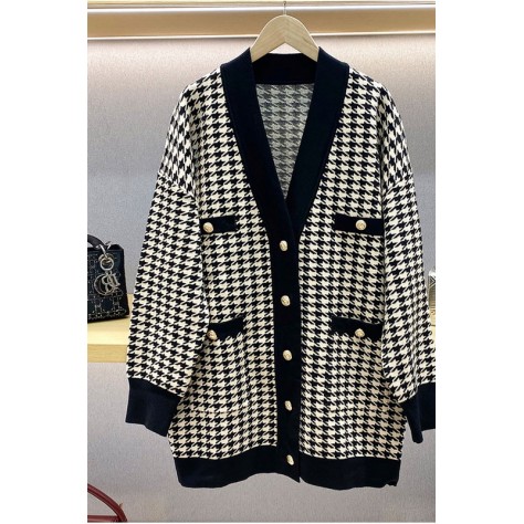 L927 Custom Made to order Polyester Women's Houndstooth V-Neck Loose Coat New Regular Size XS S M L XL & Plus size 1x-10x (SZ16-52)