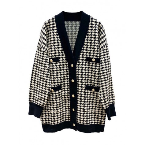 L927 Custom Made to order Polyester Women's Houndstooth V-Neck Loose Coat New Regular Size XS S M L XL & Plus size 1x-10x (SZ16-52)