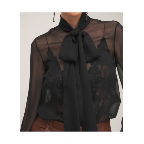 L932 Custom Made To Order Chiffon Women's Mock Neck Tie Bow Sheer Blouse New Regular Size XS S M L XL & Plus size 1x-10x (SZ16-52)