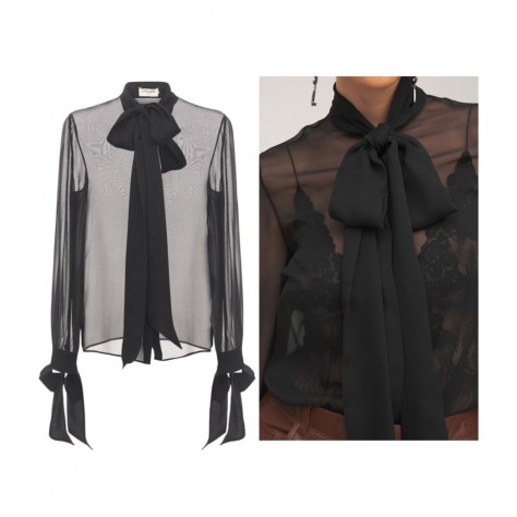 L932 Custom Made To Order Chiffon Women's Mock Neck Tie Bow Sheer Blouse New Regular Size XS S M L XL & Plus size 1x-10x (SZ16-52)