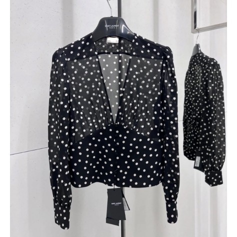 L933 Custom Made To Order Chiffon Women's Deep V-neck Polka Dot Shirt Regular Size XS S M L XL & Plus size 1x-10x (SZ16-52)