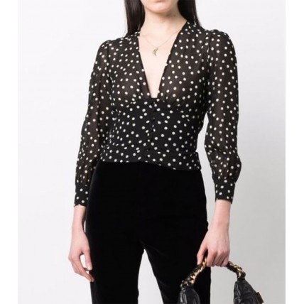 L933 Custom Made To Order Chiffon Women's Deep V-neck Polka Dot Shirt Regular Size XS S M L XL & Plus size 1x-10x (SZ16-52)