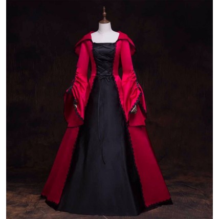 L95 Satin A-Line Medieval Vintage Hooded Maxi Dress Cosplay Regular Size XS S M L XL & Plus size 1x-10x (SZ16-52)