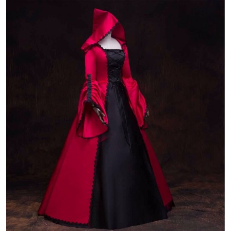 L95 Satin A-Line Medieval Vintage Hooded Maxi Dress Cosplay Regular Size XS S M L XL & Plus size 1x-10x (SZ16-52)