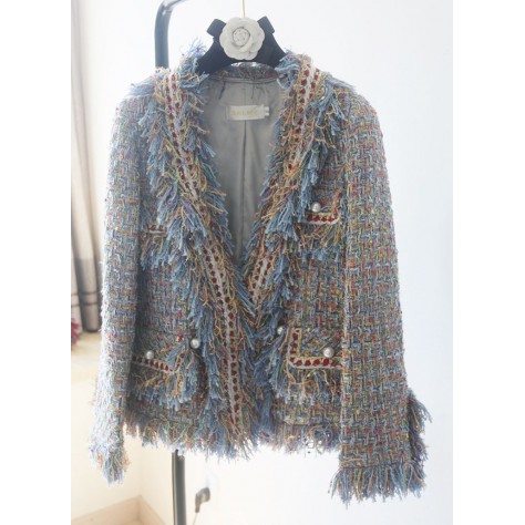  TY116 Custom Made to order tweed tassels blazer Jacket coa Regular Size XS S M L XL & Plus size  (SZ16-52)1X 2X 3X 4X 5X 6X 7X 8X 9X 10X