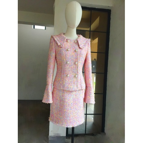 Y1072 Custom Made to order Tweed 2PC Double Breasted Slim jacket Skirt Suit Regular Size XS S M L XL & Plus size 1x-10x (SZ16-52)